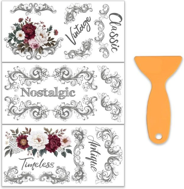 3er-Set florale Möbel-Transferaufkleber im Retro-Design für Handwerk und Dekoration, Breite: 30,48 cm, Höhe: 15,24 cm - Bild 1