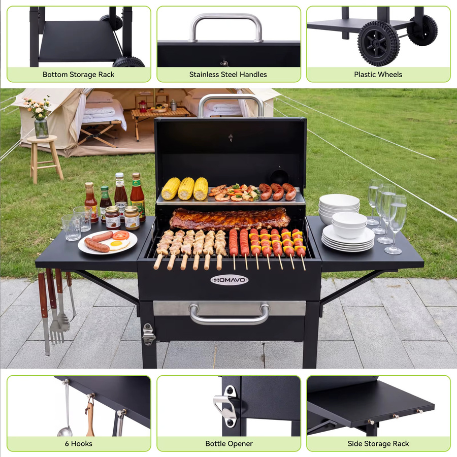 HOMAVO Holzkohlegrill in Schwarz mit emailliertem Grillrost, Warmhalterost, Thermometer, Kamin, Seitentisch und Rollen, B/T/H: 106,5 x 43,7 x 106 cm - Bild 3