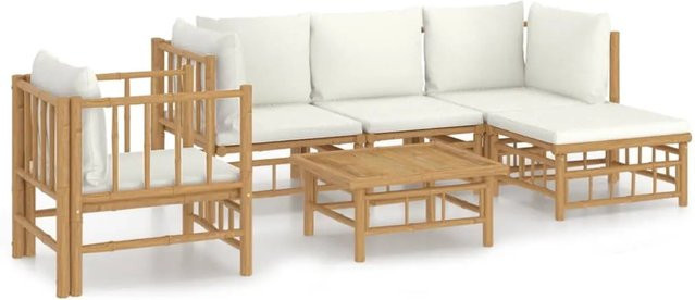 vidaXL 6-tlg Garten-Lounge-Set aus Bambus mit cremeweißen Polsterkissen in L-Form, Braun/Beige - Bild 1