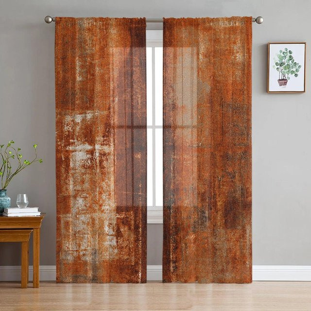 A Family Of Home Textiles Transparente Tüll-Vorhänge mit abstrakter geometrischer Textur in Orange, 2er-Set, Breite: 135 cm, Höhe: 160 cm - Bild 1