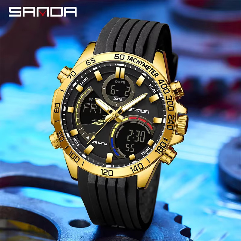 SANDA Armbanduhr, Analog-Digital, Quarz, Schwarz, Silber, Silikon, Herren - Bild 2