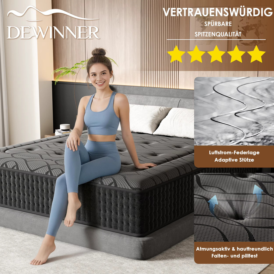 DEWINNER Taschenfederkernmatratze mit Memory Foam, 7-Zonen, mittelhart, grau, B/T/H: 140 x 200 x 30 cm, Öko-Tex Standard 100 zertifiziert - Bild 5