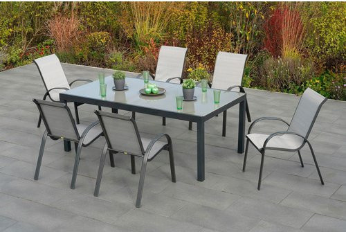 Merxx Gartenmöbelset Amalfi 7-teilig aus Aluminium und Textil in Grau mit ausziehbarem Tisch und 6 Stapelsesseln, Tisch B: 200 cm, T: 110 cm, H: 75 cm - Bild 1