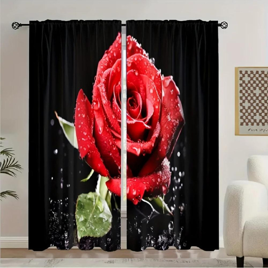 Yiran Furniture Vorhänge mit Rosen-Blumendruck in Rot, 2er-Set, halbtransparent, Polyester, Breite: 100 cm, Höhe: 130 cm - Bild 1