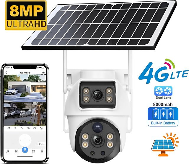 V380 Solar 4G Kamera mit Dual Lens und Dual View, 8MP 4K PTZ Überwachungskamera mit Nachtsicht und SIM-Karten-Unterstützung, Weiß - Bild 1