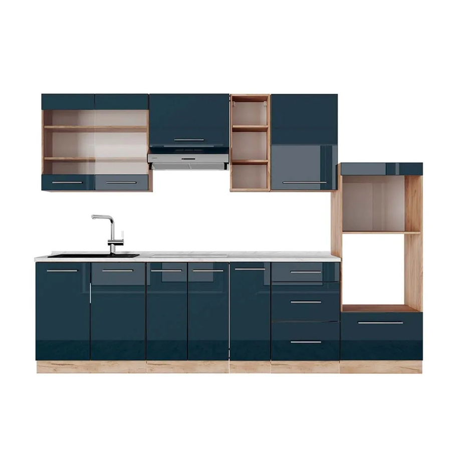 Vicco Küchenzeile Fame-Line Eiche Dunkelblau Hochglanz mit Arbeitsplatte Weiß-Marmor Breite: 280 cm, Höhe: 82 cm, Tiefe: 60 cm - Bild 3