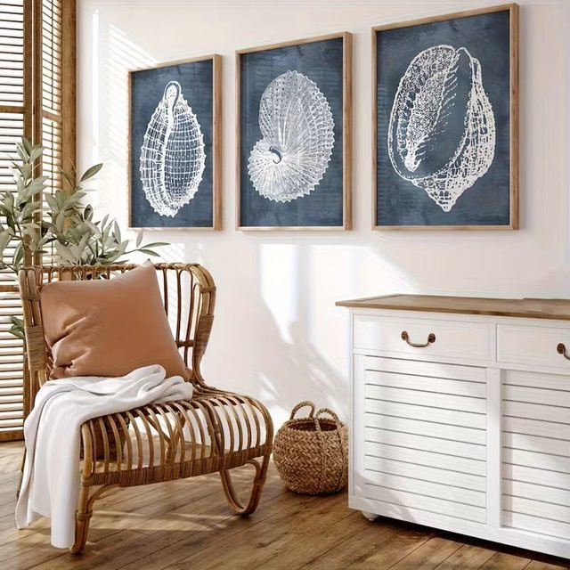 HQYSZZ 3-teiliges Leinwand-Wandkunst-Set mit blauem nautischem Muschel-Motiv für deine maritime Dekoration - Bild 1
