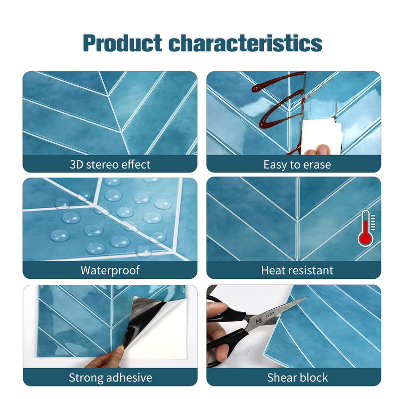 Vividtiles Wandfliesen Aufkleber in Blau, wasserdichte Vinyl Tapete für Küche und Bad, 3er Set - Bild 5