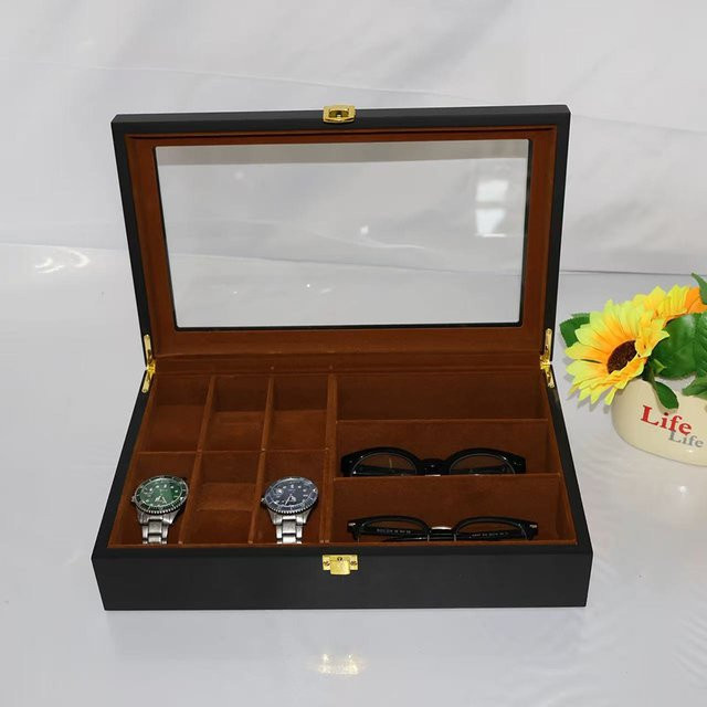 DOKW Uhren- und Brillenaufbewahrungsbox Holz, Schwarz, Transparentes Glasdisplay - Bild 1