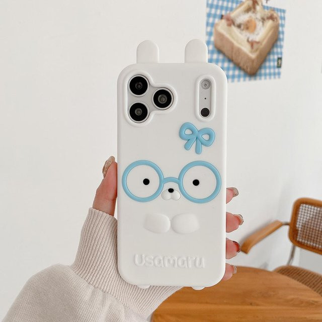Binchi Health Electronics Kawaii 3D Hase Handyhülle aus weichem Silikon für iPhone 17 16 15 14 13 12 Pro Max in Rosa und Weiß - Bild 1
