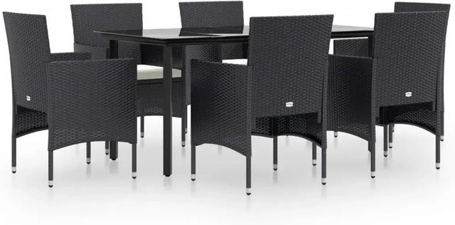 vidaXL 7-teilige Garten-Essgruppe aus Stahl und Glas mit Kissen in Schwarz und Weiß - Bild 1