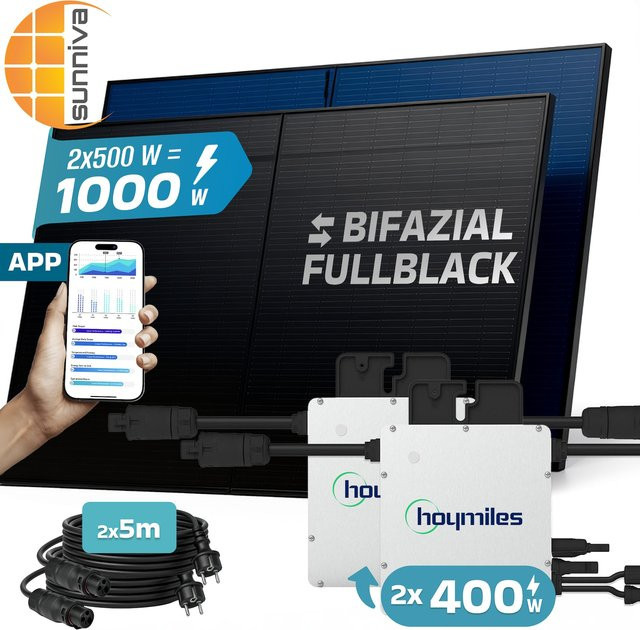 SUNNIVA Balkonkraftwerk Komplettset mit 2x 500W N-Type Glas Bifacial Solarmodulen in Fullblack und Hoymiles 2x 400 Watt Wechselrichter - Bild 1