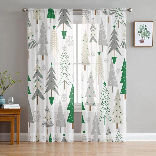 Yiran Furniture Weihnachtliche Voile-Fenstergardinen mit Cartoon-Motiv, Weiß, 2er-Set, Breite: 65 cm, Höhe: 60 cm - Bild 1