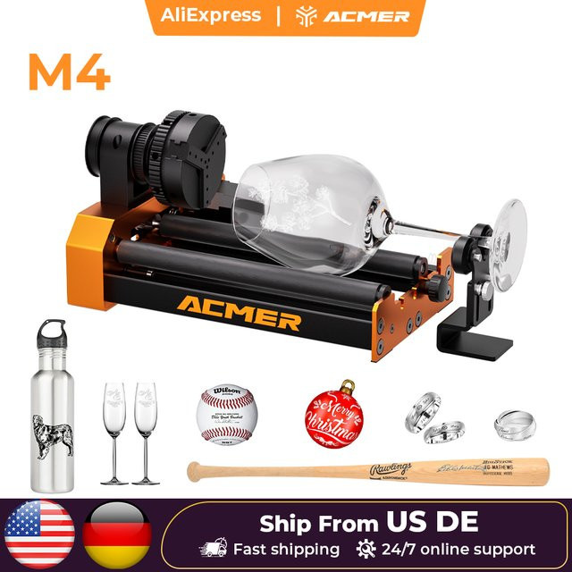 ACMER M4 Spannfutter-Rotationsmodul als 4. Achse für 3-Backen-Lasergravierer mit gebogener Oberfläche und Klemmdurchmesser 4–64 mm - Bild 1