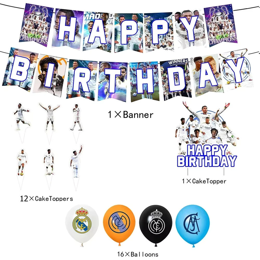 Real Madrid Fußball Geburtstagsparty Dekoration Set mit Ballon Hintergrund und Tortendekoration in Mehrfarbig - Bild 2
