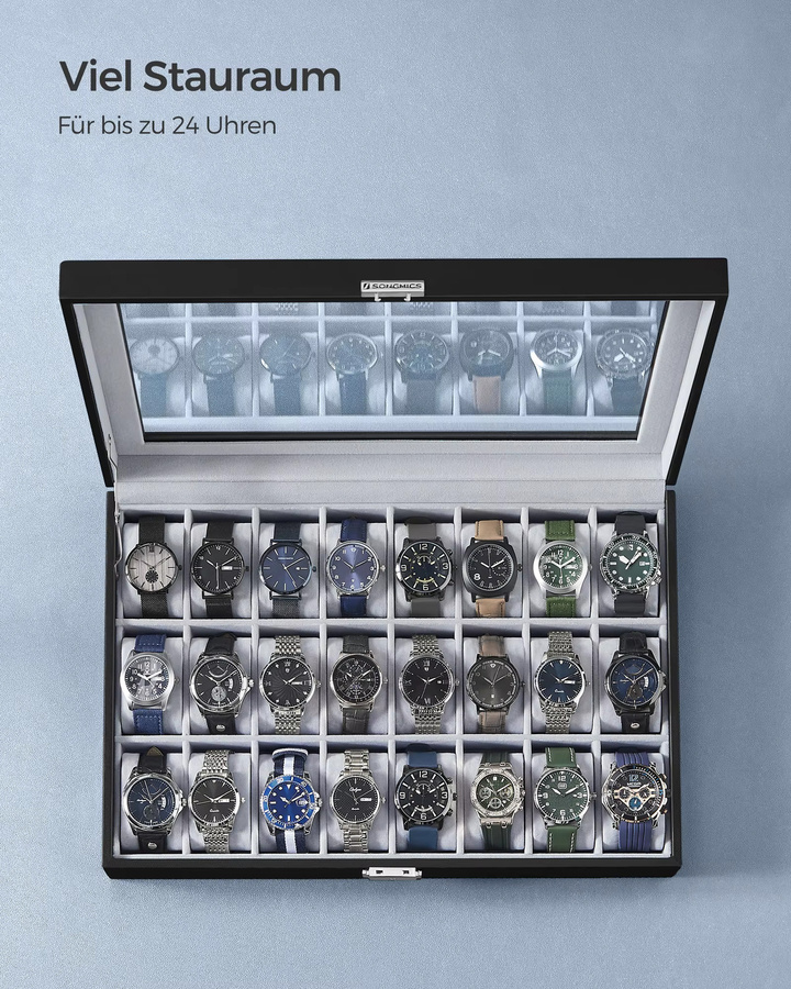 SONGMICS Uhrenbox, 24 Fächer, Glasdeckel, Schwarz, Unisex - Bild 2