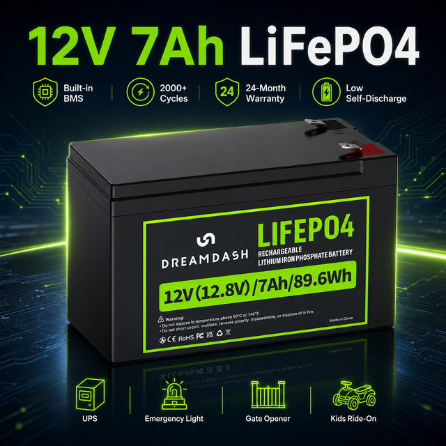 Dreamdash 12V 7Ah LiFePO4 Akku 89,6Wh Wiederaufladbare Lithium-Eisenphosphat-Batterie mit integriertem BMS und F2 Anschluss in Schwarz - Bild 1
