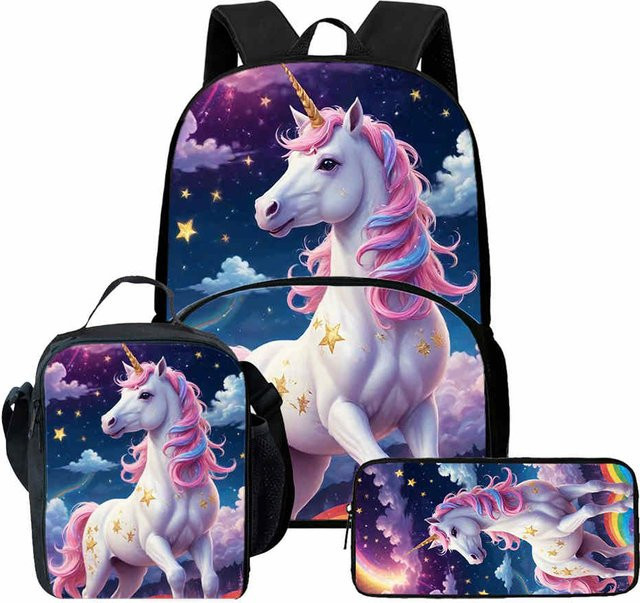 3-teiliges Schulrucksack-Set mit Einhorn-Print, Brotdose und Federmäppchen in Grau/Mehrfarbig von BULEFLYER - Bild 1
