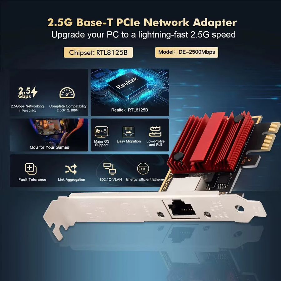 DERAPID 2,5G PCIe zu RJ45 Netzwerkadapter RTL8125B 100/1000/2500Mbps Gigabit Ethernet LAN Controller für PC Windows 10/11 - Bild 3