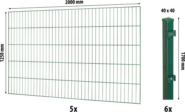 Floraworld Einstabmatten-Zaunset mit Vierkantpfosten aus Stahl, Grün, Höhe: 125 cm, Breite: 1000 cm - Bild 1