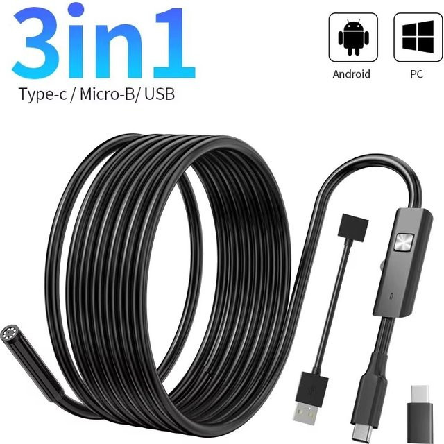 XinFe 3-in-1 Endoskopkamera mit Micro-USB und USB-C für Android und PC, Mini-Boreskop mit LED-Beleuchtung, Schwarz, 7mm Durchmesser - Bild 1