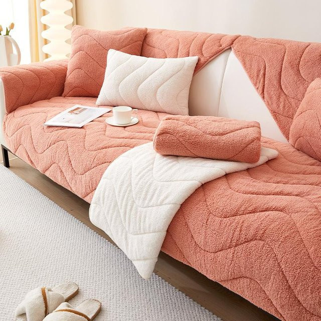 Nordischer Steppwellen Sofaüberwurf aus Plüsch in Pink, rutschfeste Couchmatte für das Wohnzimmer, B/B/H: 70 x 70 cm - Bild 1