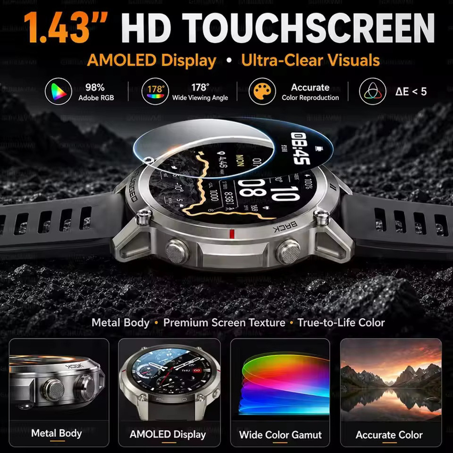 GUHUAVMI Militärische GPS-Smartwatch in Gold mit Offline-Karte, 5ATM Wasserdichtigkeit, Höhenkompass und Bluetooth-Anruffunktion für Outdoor-Sport und Fitness - Bild 2