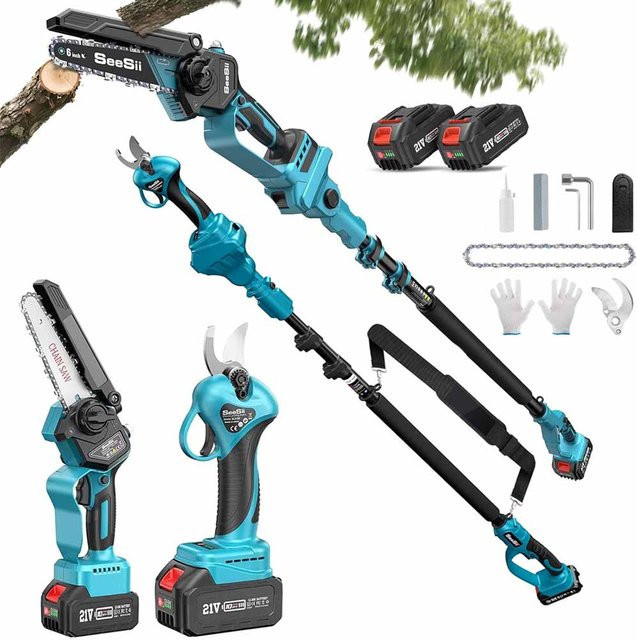 Seesii 3in1 Elektrische Gartenschere mit 2,8m Teleskopstange und 6'' Kettensäge, Blau, kompatibel mit Makita 18V LXT Akku - Bild 1