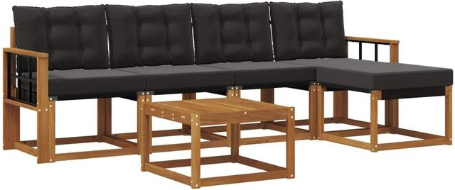 vidaXL 6-tlg. Outdoor-Sofagarnitur aus Akazienholz und Textilene mit Kissen in Natur und Schwarz - Bild 1