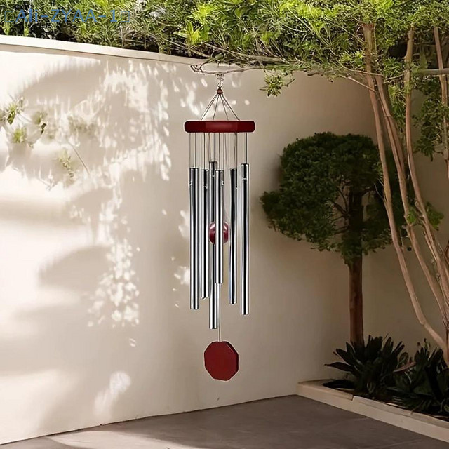 JETTING Retro Windspiel aus rotem Holz und Aluminium mit 6 Metallrohren, achteckiges Design für Balkon und Innenhof - Bild 1