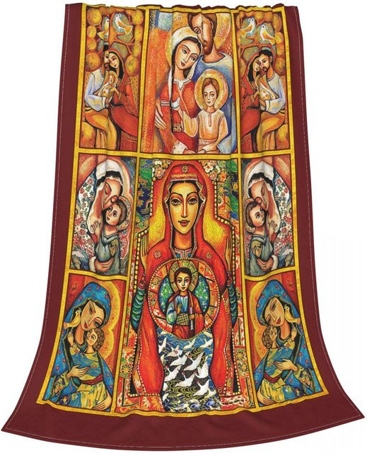 Christliche katholische Strickdecke mit der Jungfrau Maria Unsere Liebe Frau von Guadalupe, weiche Flanell-Überwurfdecke für Zuhause und Couch, Mehrfarbig, B/T: 80 x 120 cm - Bild 1