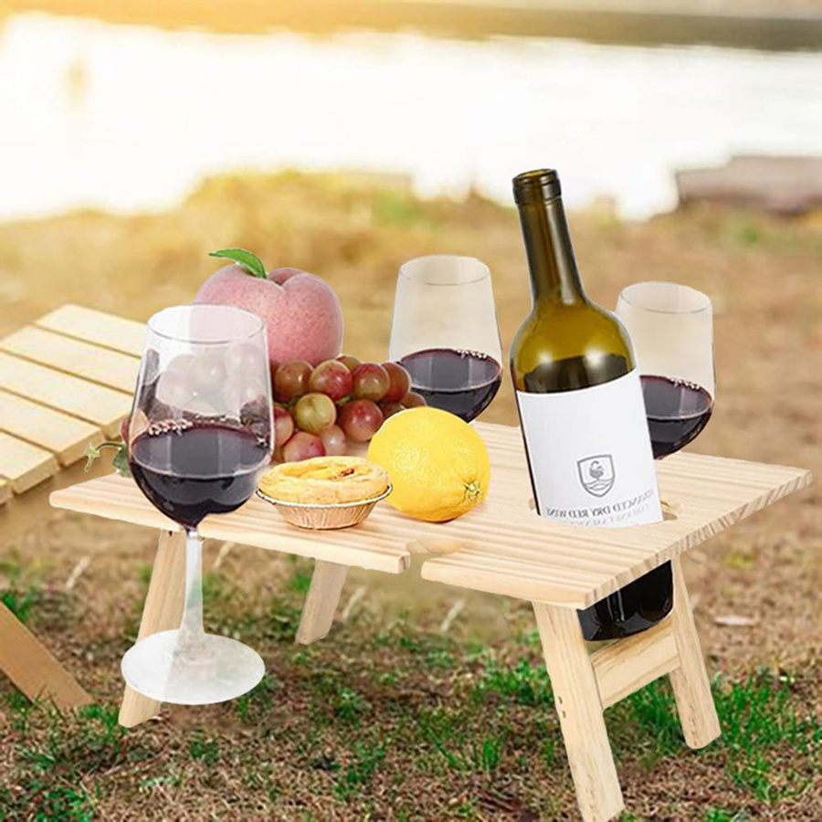 Fishine Outdoor Wein-Picknicktisch aus Massivholz in Braun, faltbarer und tragbarer Picknicktisch mit integrierter Käseplatte - Bild 3