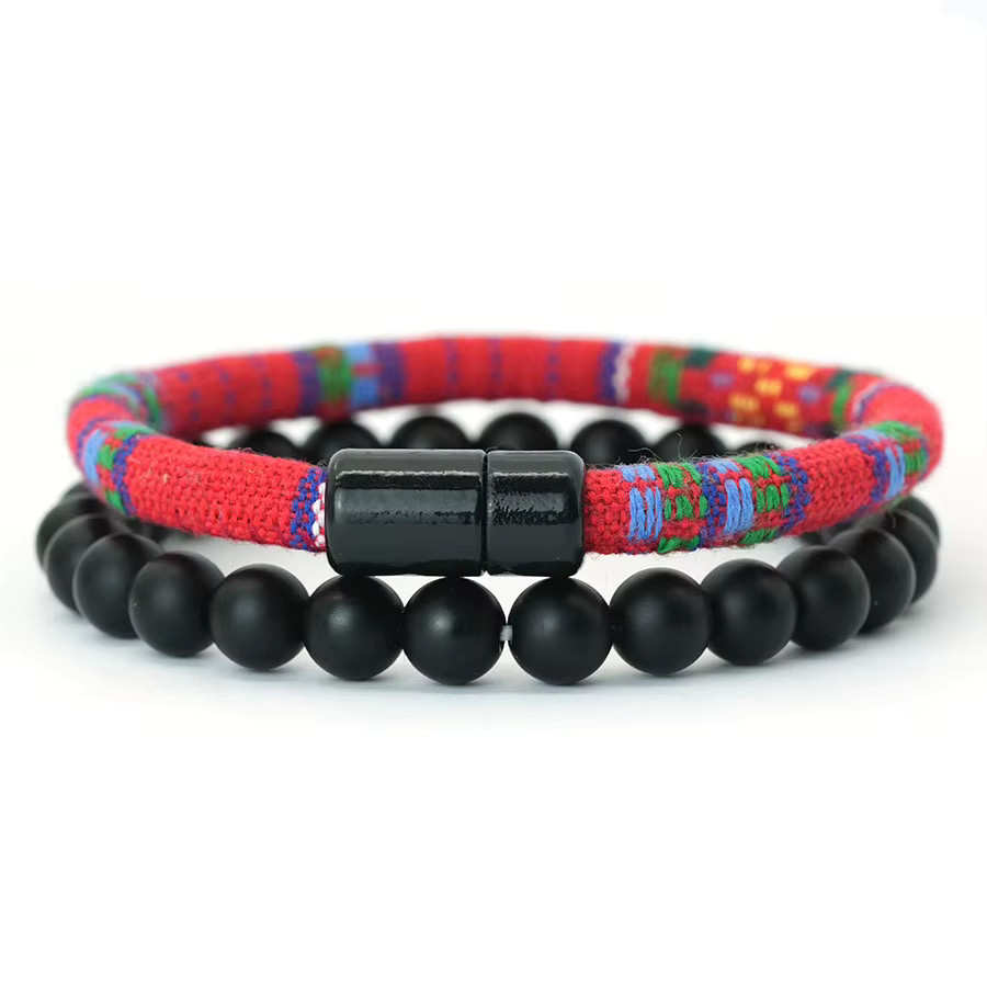 Armband 2 Teile/satz, Stoffschnur, Onyx-Stein, Perlen, Schwarz, Herren - Bild 3