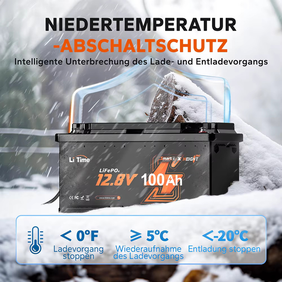 Litime LiFePO4 Bluetooth Batterie 12,8V 100Ah in Schwarz mit Low-Temp-Abschaltschutz und hoher Zyklenfestigkeit - Bild 3