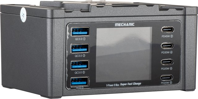 Mechanic V-Power Max Ladestation mit Display, 115W, 3A, 4 x USB-A und 4 x USB-C, Schwarz - Bild 1