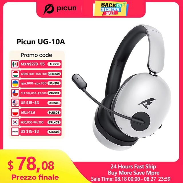 Picun UG-10A Gaming-Funkkopfhörer Over-Ear-Headset mit Mikrofon, Bluetooth 6.0, 40 mm Treiber, 2,4 GHz kabellos oder Kabel, Grau/Weiß - Bild 1