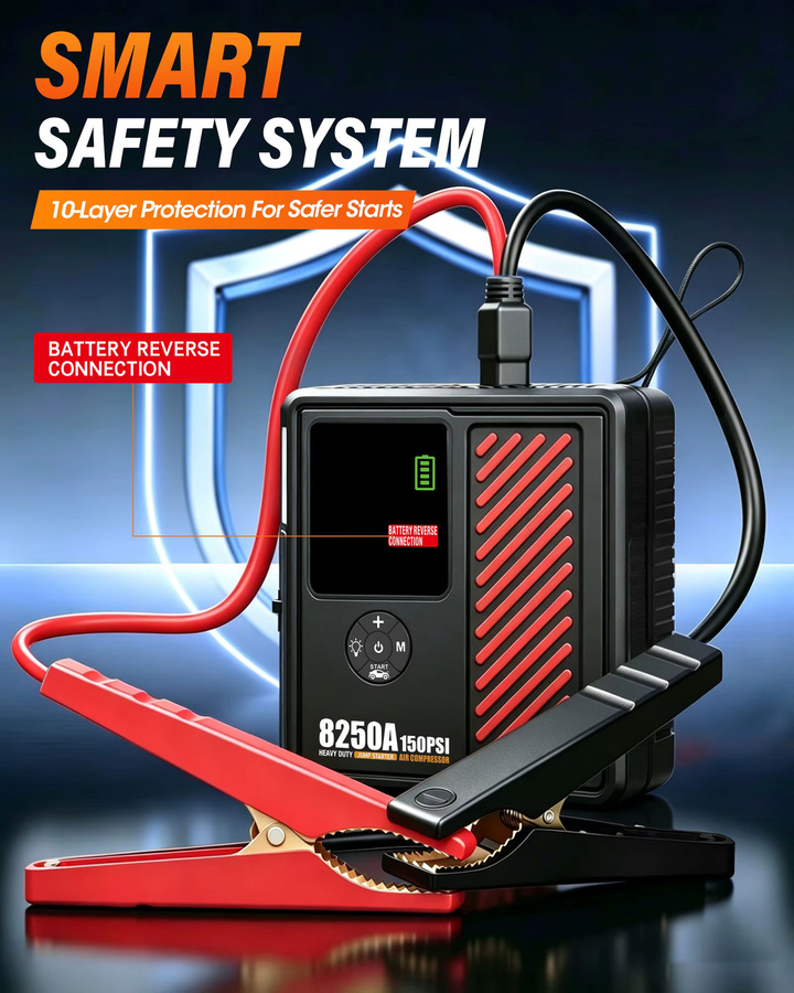 AdoreTrip Auto-Starthilfegerät 8250A Powerbank mit integriertem Luftkompressor 150PSI Reifenfüller in Schwarz - Bild 5