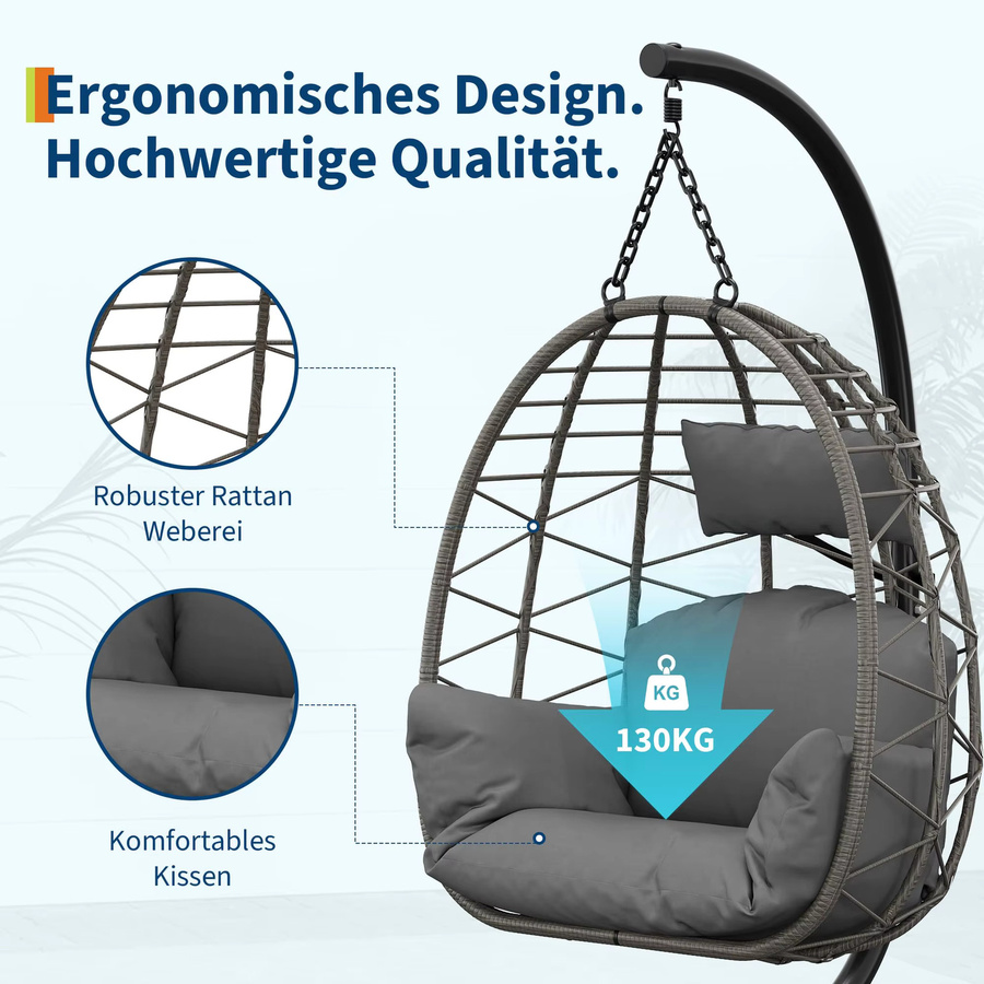 HiMISS Polyrattan Hängesessel Egg Design in Grau mit Kissen und Abdeckung für Garten und Terrasse - Bild 5