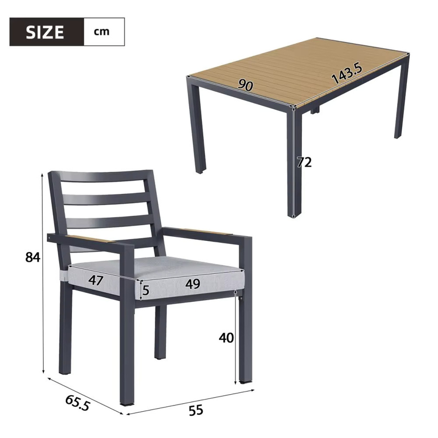 PINGGO Garten-Essgruppe mit 1 Tisch und 6 Stühlen aus Kunststoffholz und verzinktem Eisen in Grau - Bild 3