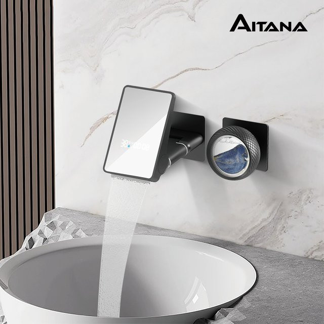 Aitana Wandwaschbecken-Wasserhahn aus Messing mit LED-Digitalanzeige und Wasserfall-Funktion, Matt Schwarz, 2-Loch-Armatur für Warm- und Kaltwasser - Bild 1