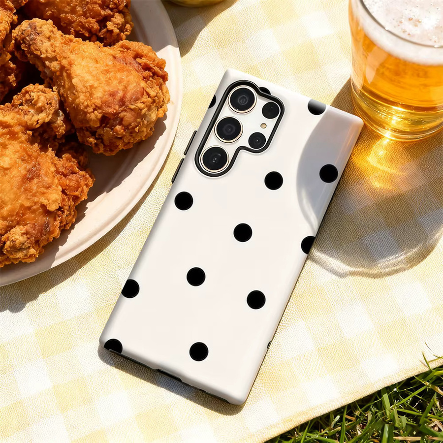 Handyhülle mit unregelmäßigen schwarzen Polka Dots für Samsung Galaxy S25 Ultra, S24 und S23 Ultra Plus in Schwarz-Weiß mit glänzender doppellagiger Rückseite - Bild 3