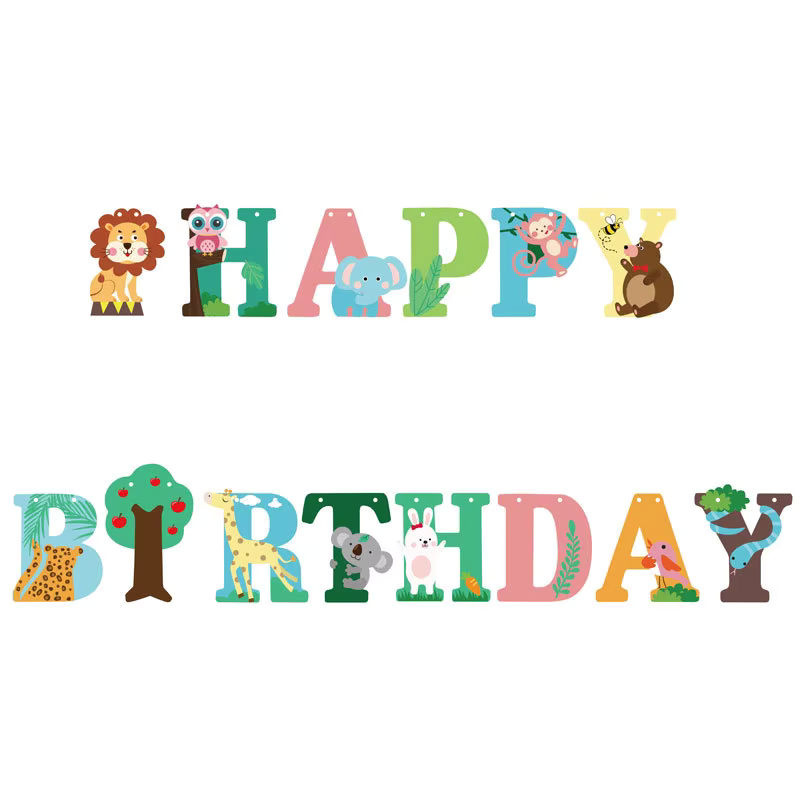 Alles Gute zum Geburtstag Banner mit Waldtier-Motiven wie Löwe und Dinosaurier als hängende Buchstaben-Girlande aus Papier für Kindergeburtstage, mehrfarbig - Bild 2