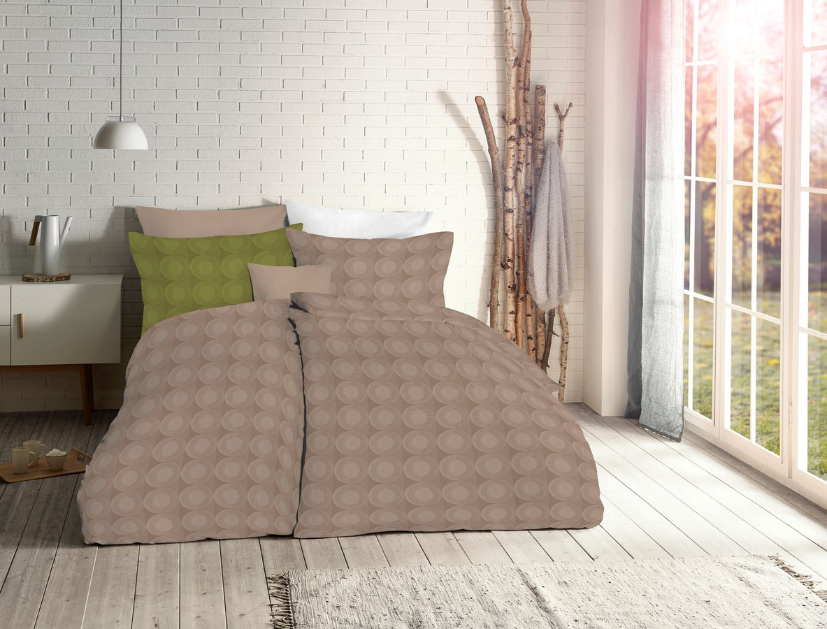Fleuresse Jacquard Bettwäsche mit Kreis-Design in Taupe/Beige, bestehend aus Bettbezug 155 x 220 cm und Kopfkissenbezug 80 x 80 cm - Bild 1