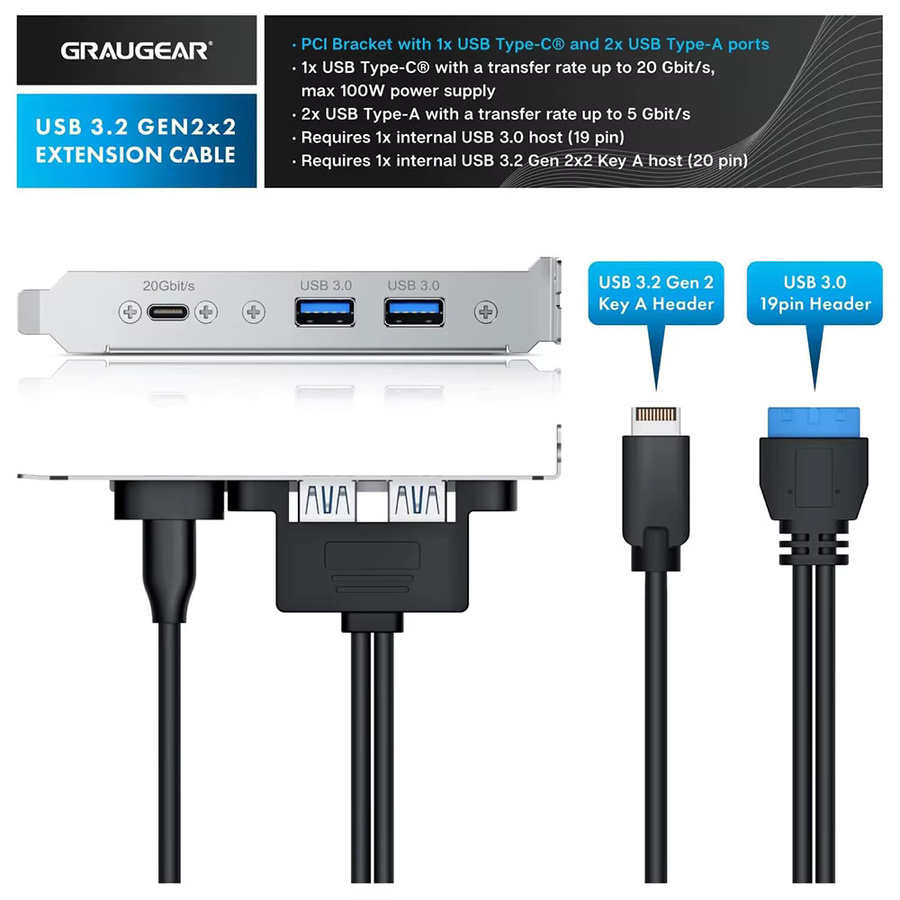 JavicTech USB 3.2 Gen 2x2 Frontpanel-Adapter mit USB-C und USB-A Anschlüssen, 20Gbps, PCIe-Halterung, Silber - Bild 3