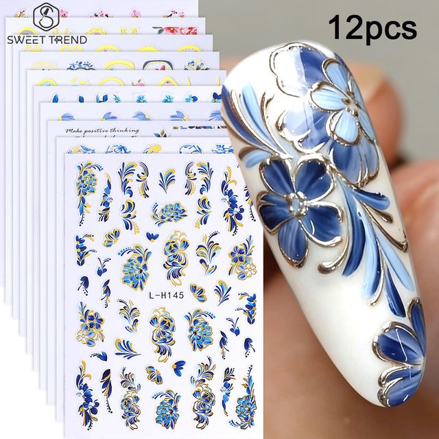 SWEET TREND Nagelaufkleber 3D Blumen und Blätter, 12 Stück, Damen, Metallic - Bild 1