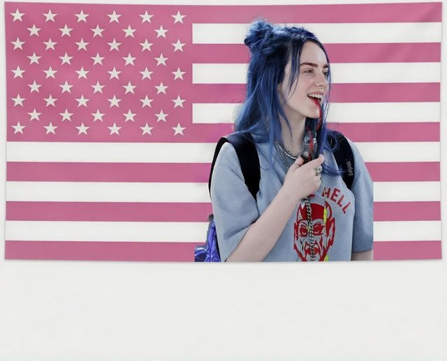 Wandteppich Billie Eilish Blaues Haar und Amerikanische Flagge von JMG Household Supplies in Blau, Rosa und Multicolour, B/H: 40 x 60 cm - Bild 1