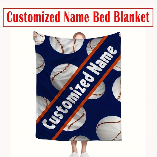 Personalisierte Flanelldecke mit Baseball-Sport-Thema von SRH in Blau, weiche Thermodecke für Herbst und Winter - Bild 1