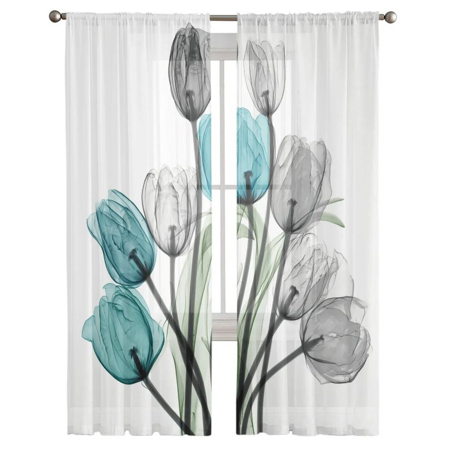 Yiran Furniture Transparente Voile-Gardine mit Tulpenblumen-Design in Türkis, Breite: 135 cm, Höhe: 115 cm - Bild 1