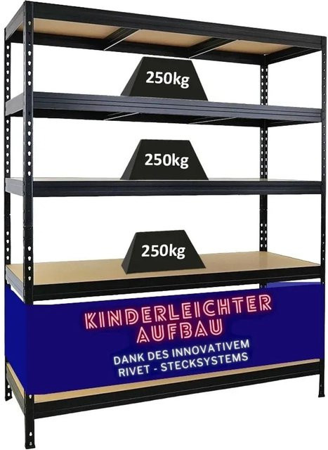 PROREGAL Schwerlastregal Rivet mit Stecksystem in Schwarz, H x B x T: 180 x 150 x 60 cm - Bild 1