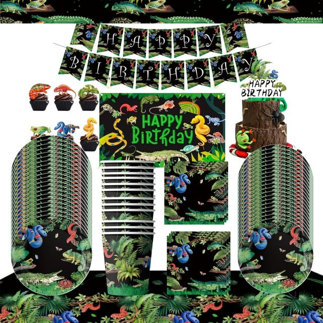 Potdemiel Reptilien-Party Geburtstagszubehör Set mit Eidechsen und Schlangen in Multicolor bestehend aus Einweggeschirr Pappbechern Tellern Servietten Banner und Ballons - Bild 1